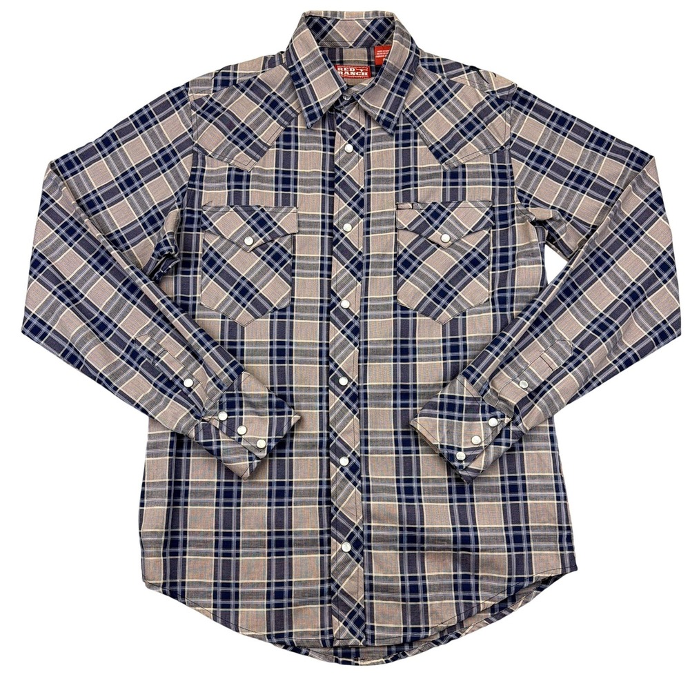 Red Ranch Mens Small Blue Plaid Western Embroidered Pearl‎ Snap Shirt 19-01-016